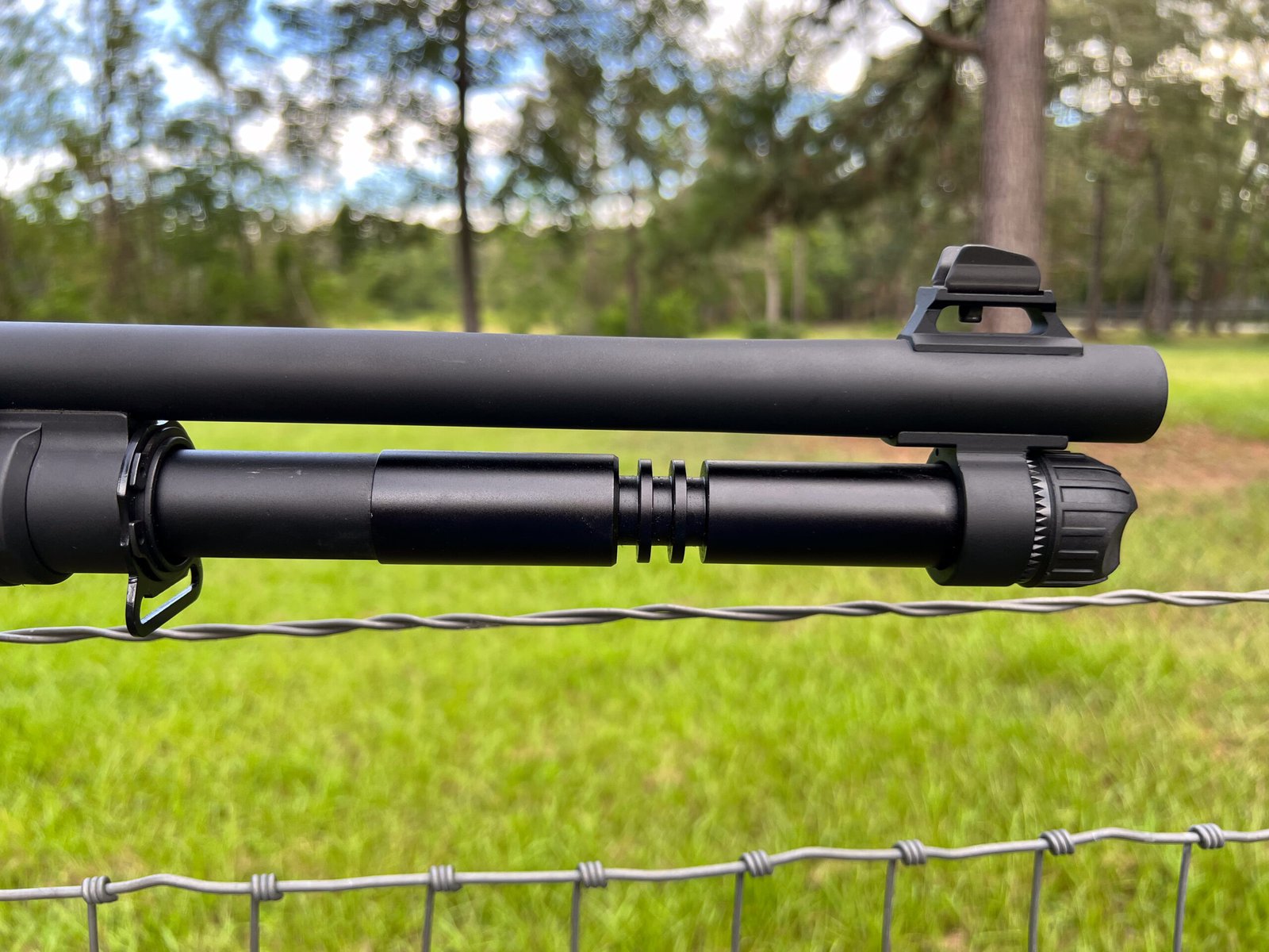 Photo of the front sight post and magazine tube on the MAC 1014