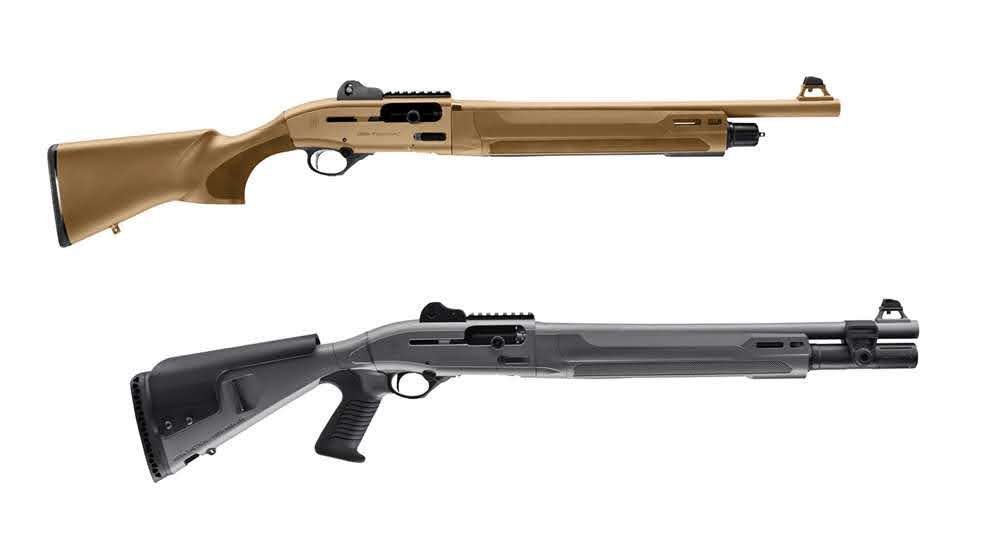 Two Beretta 1301 Tactical shotguns displayed one with traditional stock in FDE and one with pistol grip stock in black