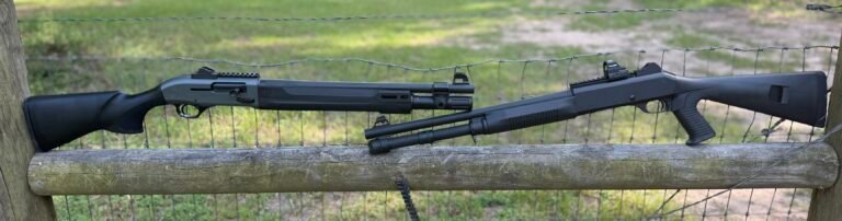 Beretta A300 Ultima Patrol and MAC 1014 shotguns displayed side by side on a wooden fence outdoors.