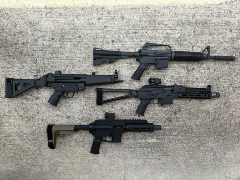 Four different styles of large frame pistols with a pistol brace.