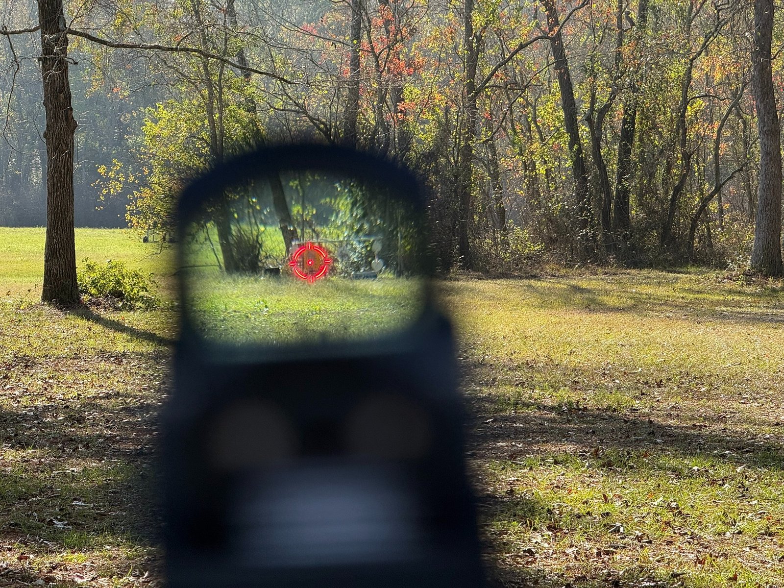 View through red dot sight during firearms training