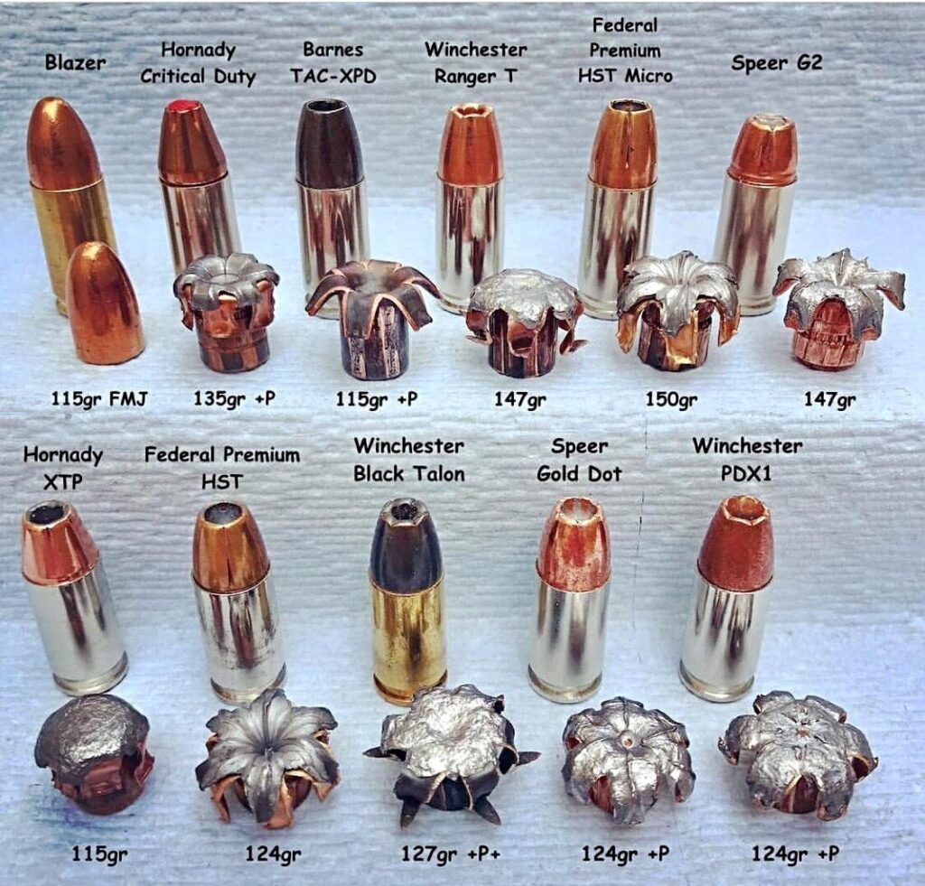 Comparison of expanded handgun bullets and cartridges showing FMJ and hollow point performance, illustrating penetration and expansion differences relevant to home defense ammunition selection.