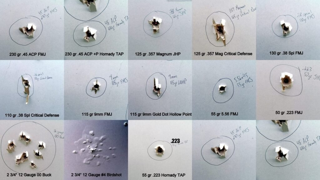 Drywall that has been shot by various bullets.