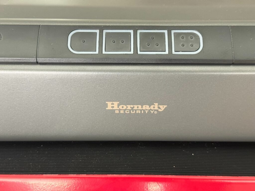 Hornady Rapid Safe Keypad Vault close-up showing keypad buttons and Hornady Security logo