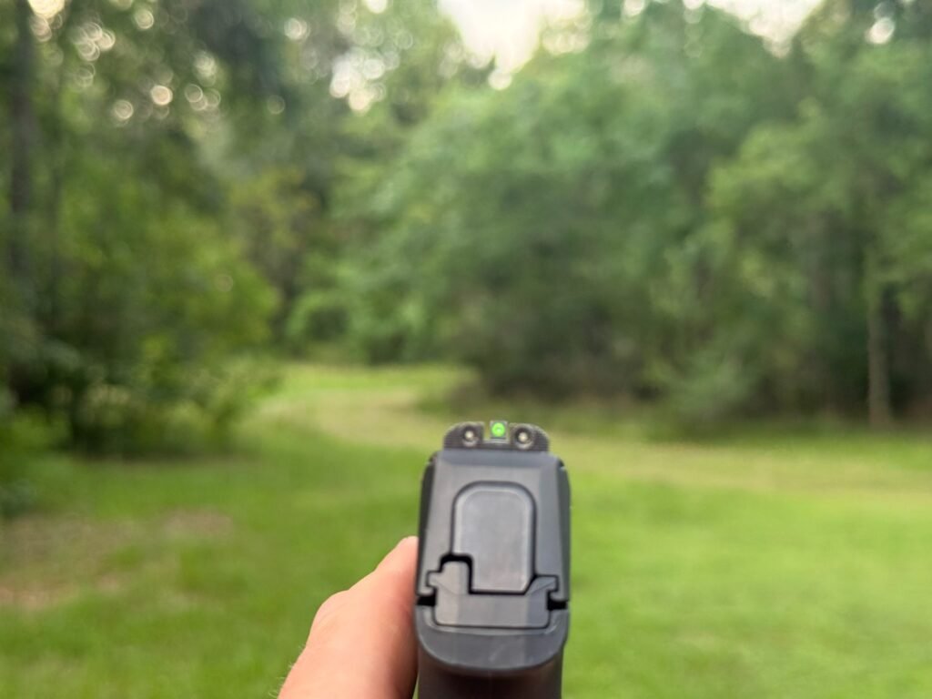 View through the factory sights of a SIG P365, showing the green front night sight aligned for target acquisition during outdoor testing.