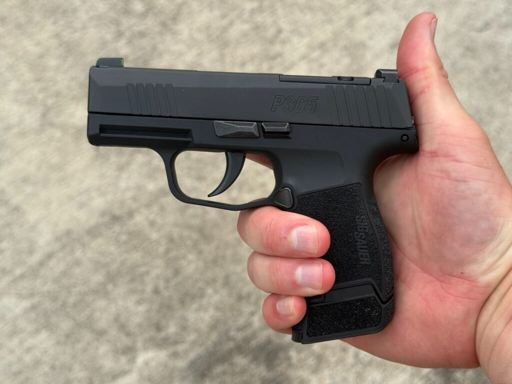 Close-up of a SIG P365 with a flush-fit 10-round magazine, showing the slim profile and compact grip for concealed carry.