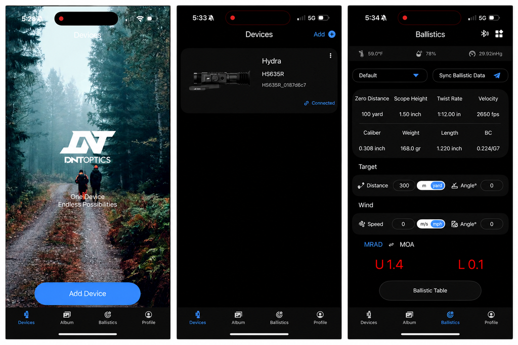 DNT Optics app connected to the Hydra HS635R showing device controls and ballistic calculator