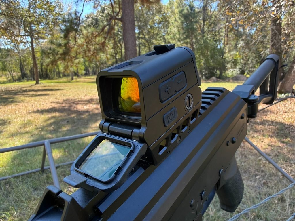 Osight R enclosed red dot mounted on a PSA AK-V with its protective lens covers open